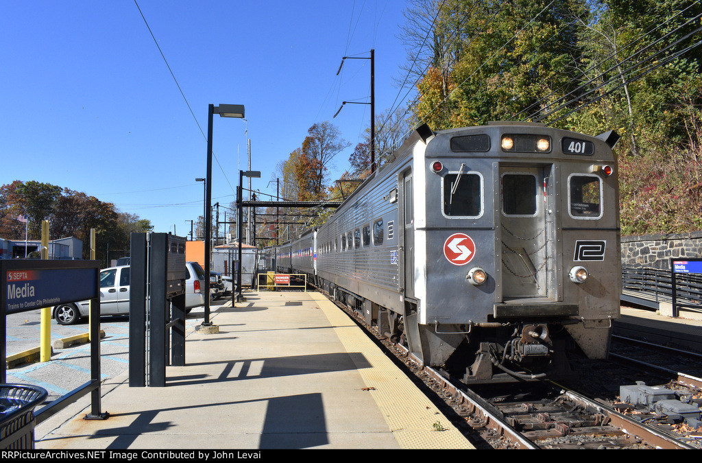 Septa Train # 3218 arriving at Media Depot with the PC # 401 leading 